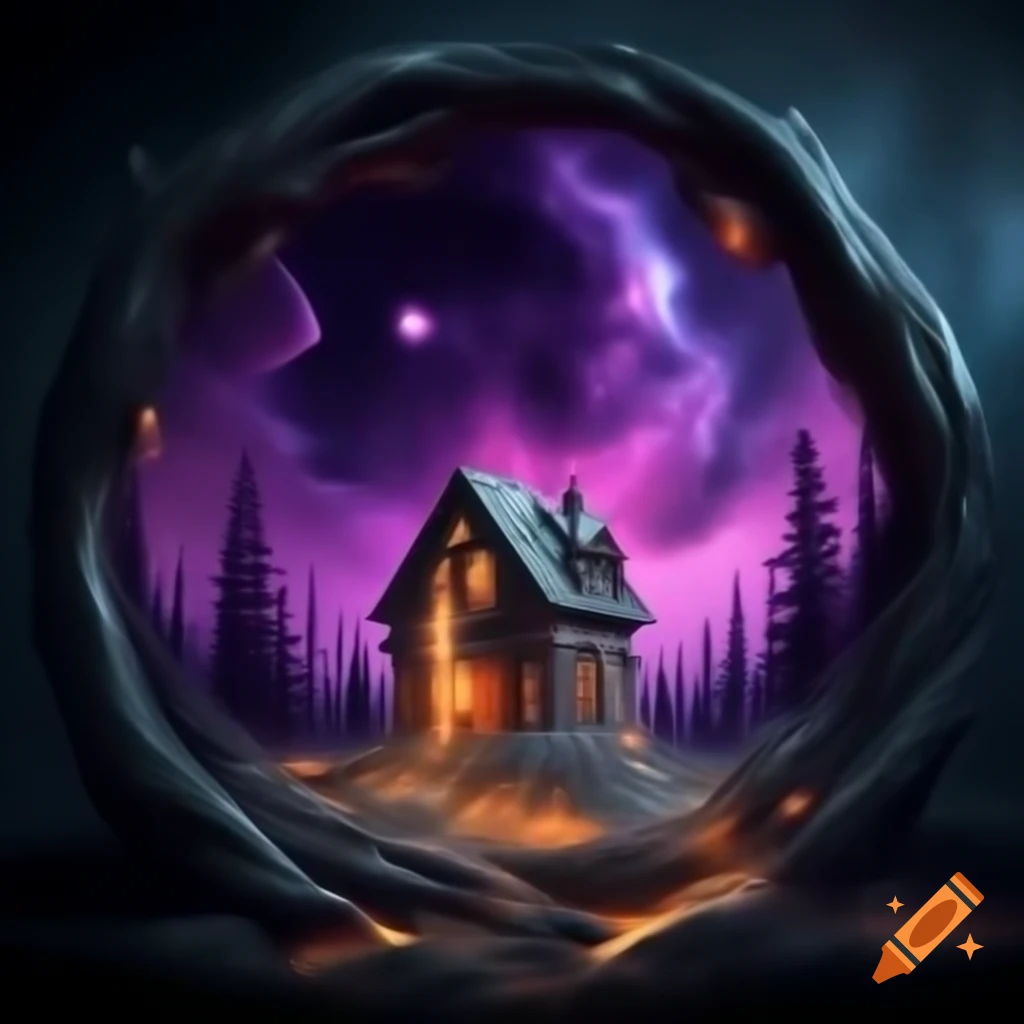 House in forest with sparkling trees and purple cosmic sky