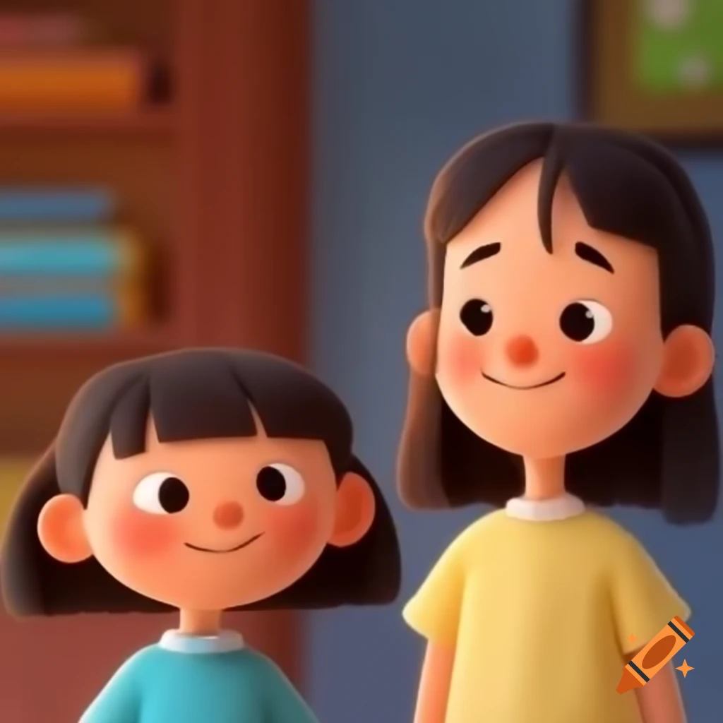 Cartoon of a girl with long hair beside another girl with short hair