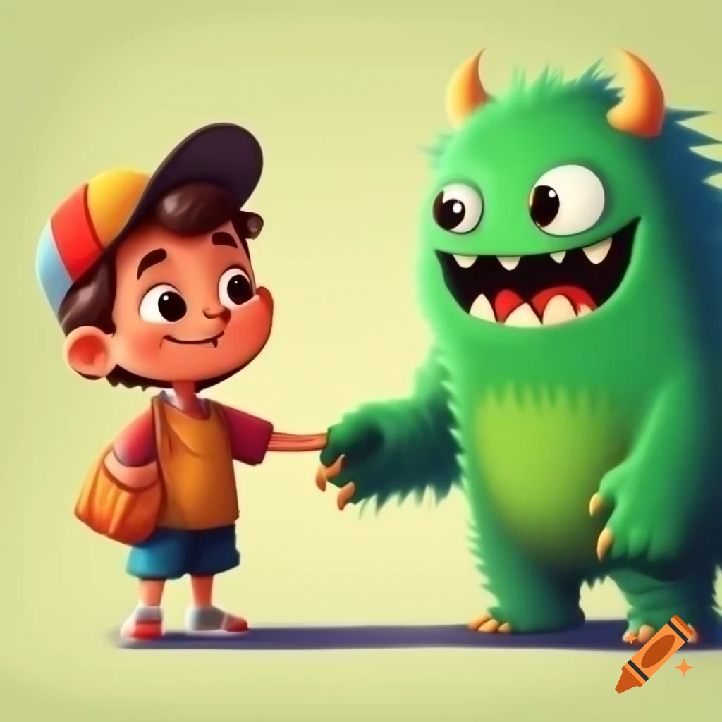 Child shaking hands with a friendly monster on craiyon