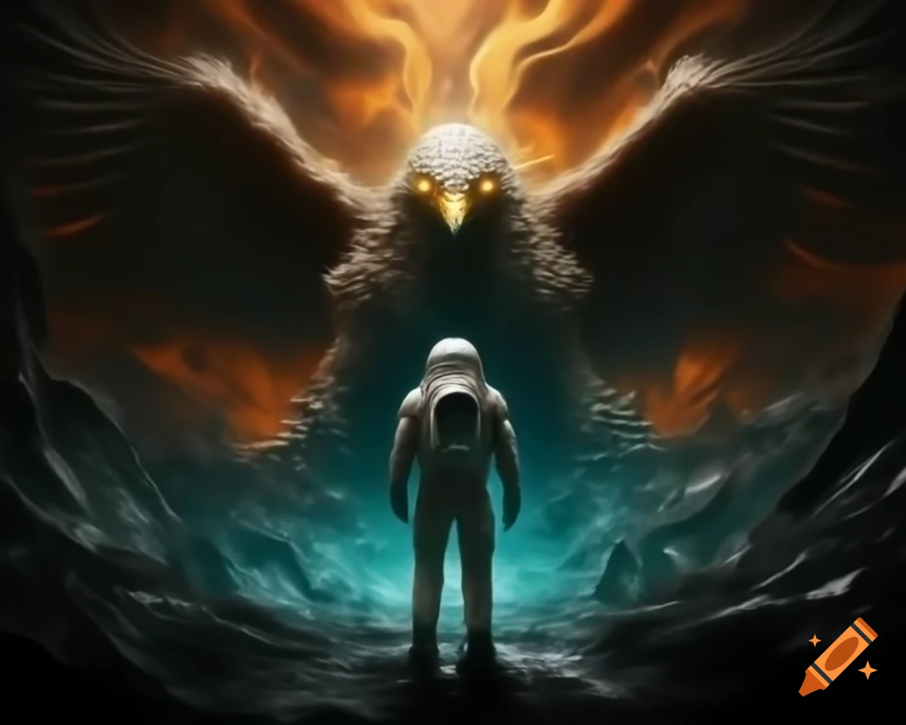 Astronaut discovering lost temple guarded by luminous phoenix