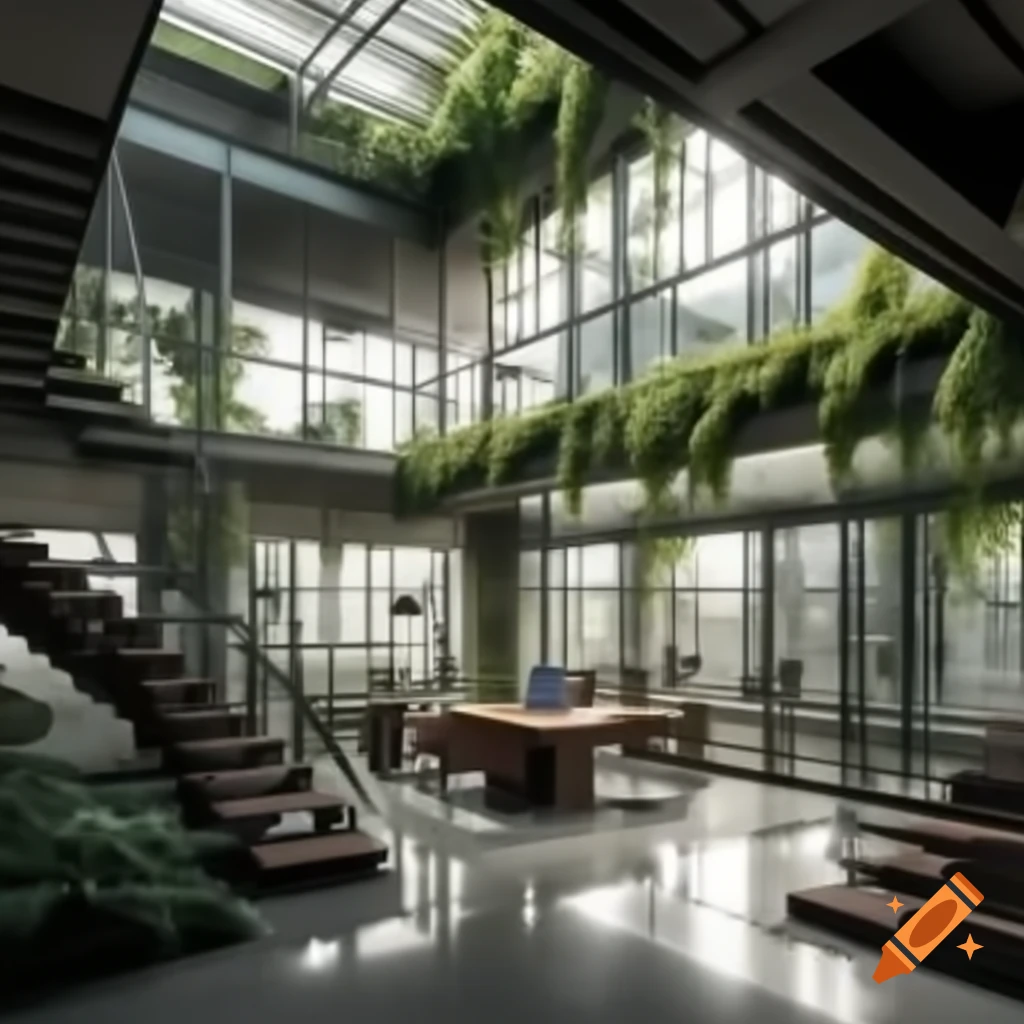 Brutalist office space with natural light and glass panels adorned with vines