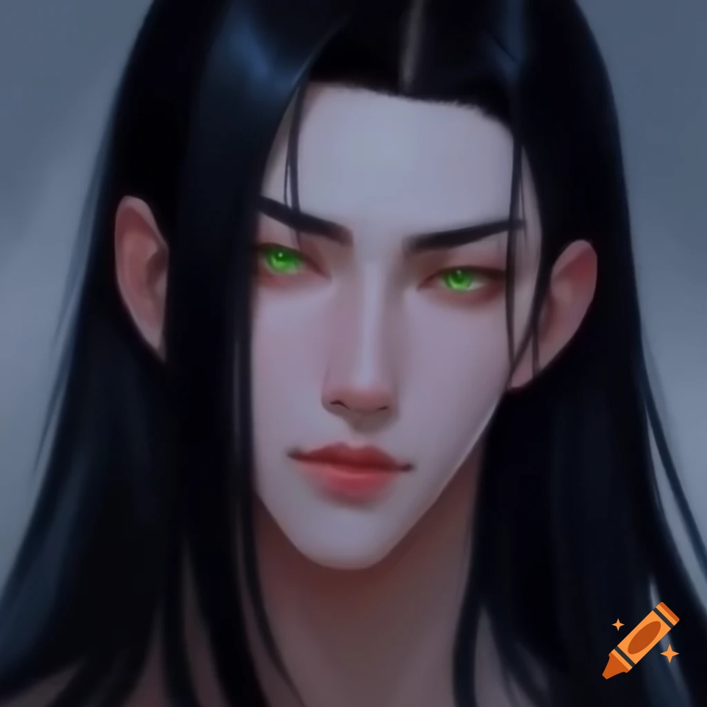 Anime character with long black hair, sharp features, and green tired eyes