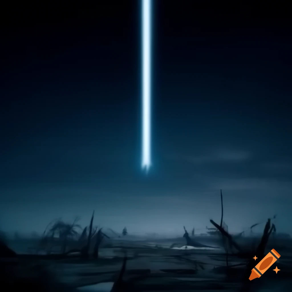 Lightning sky above music note rising from ground with road leading to ruined city