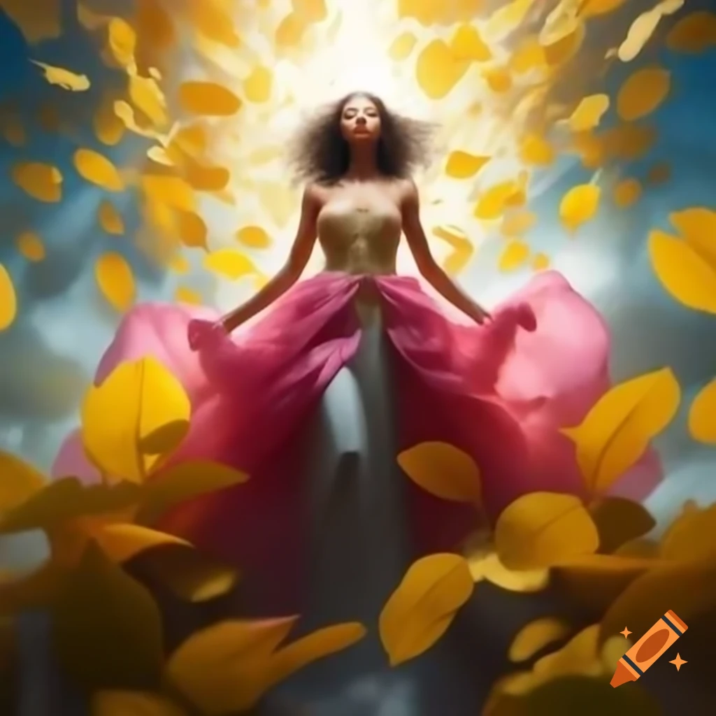 Woman in pink and gold gown among golden leaves illuminated by sunlight