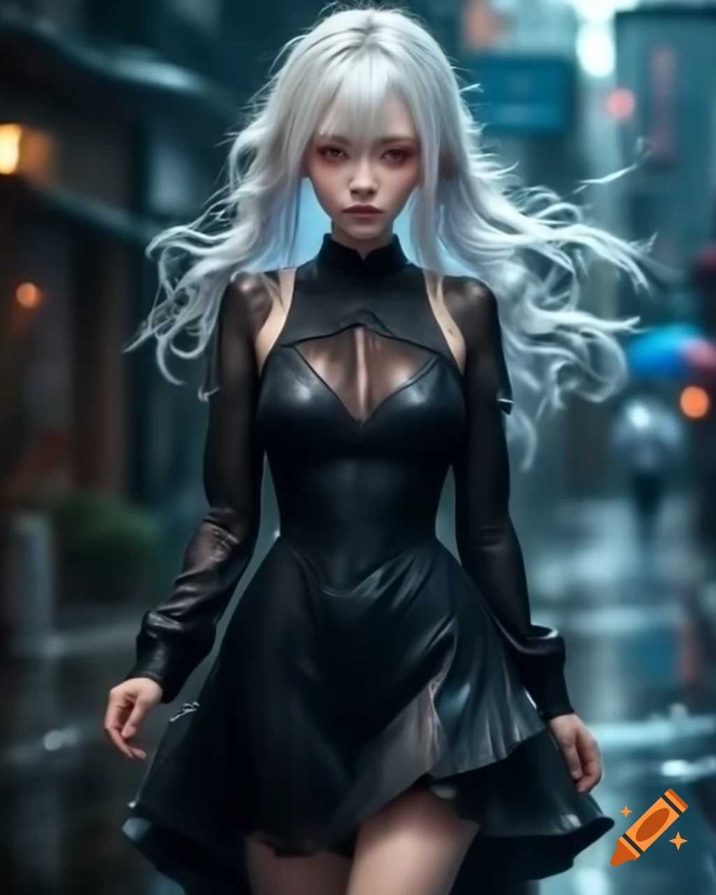 Anime woman with white hair in black dress on a rainy day, realistic style