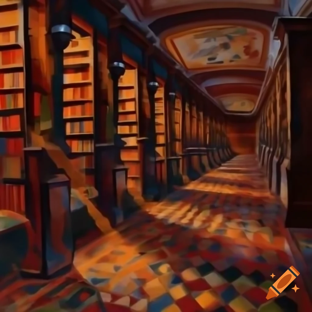Impressionist painting of elegant library bookshelves
