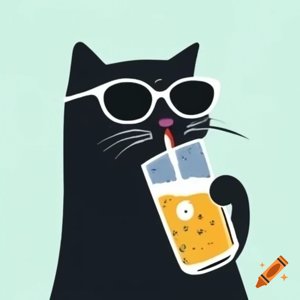 Cartoon black cat wearing sunglasses drinking a long drink