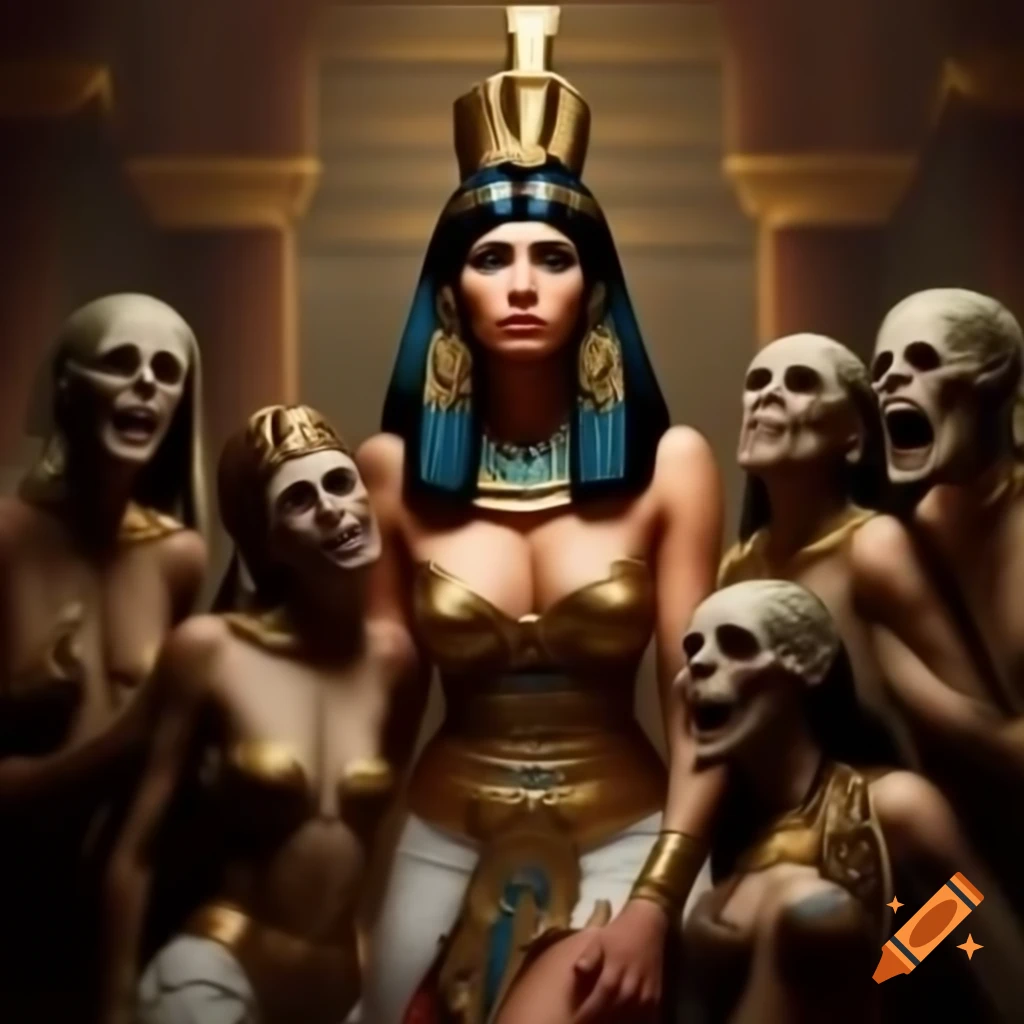 Queen Cleopatra and friends battling an ancient zombie in bronze crown