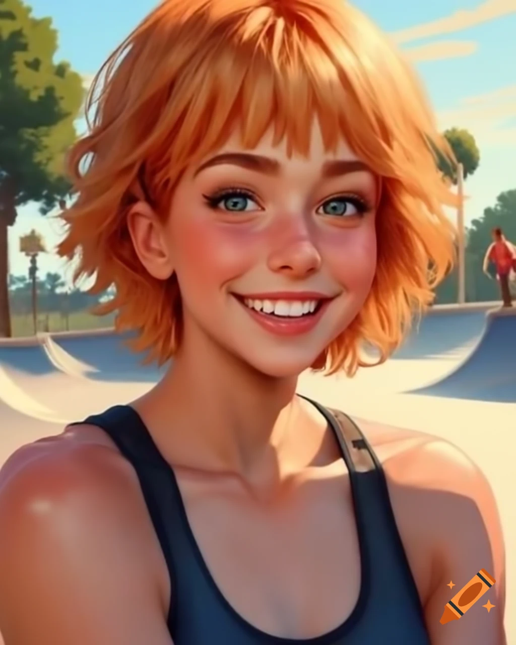 Yandere character in tank top with ginger hair skating at a skate park, pixel art