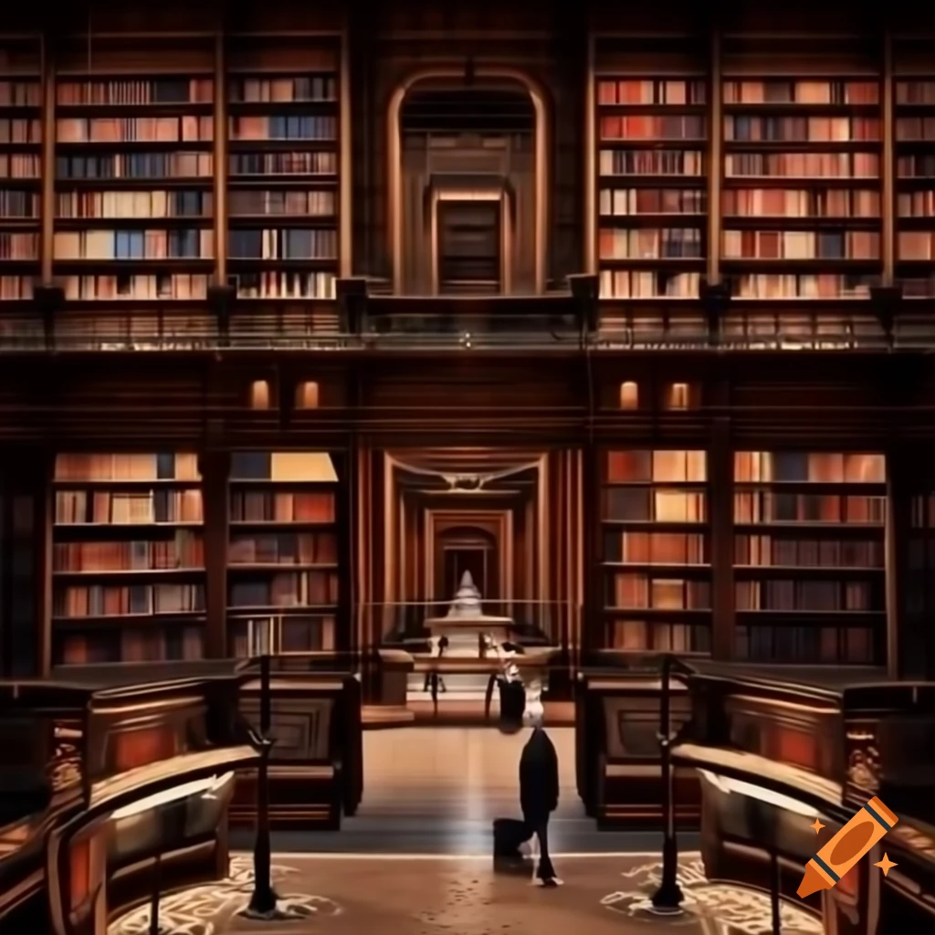Impressionist painting of elegant bookshelves in a grand library