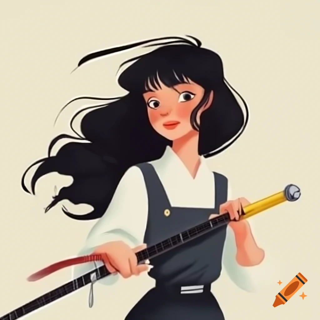 Young woman with long black hair holding sword in 1980s retro anime style