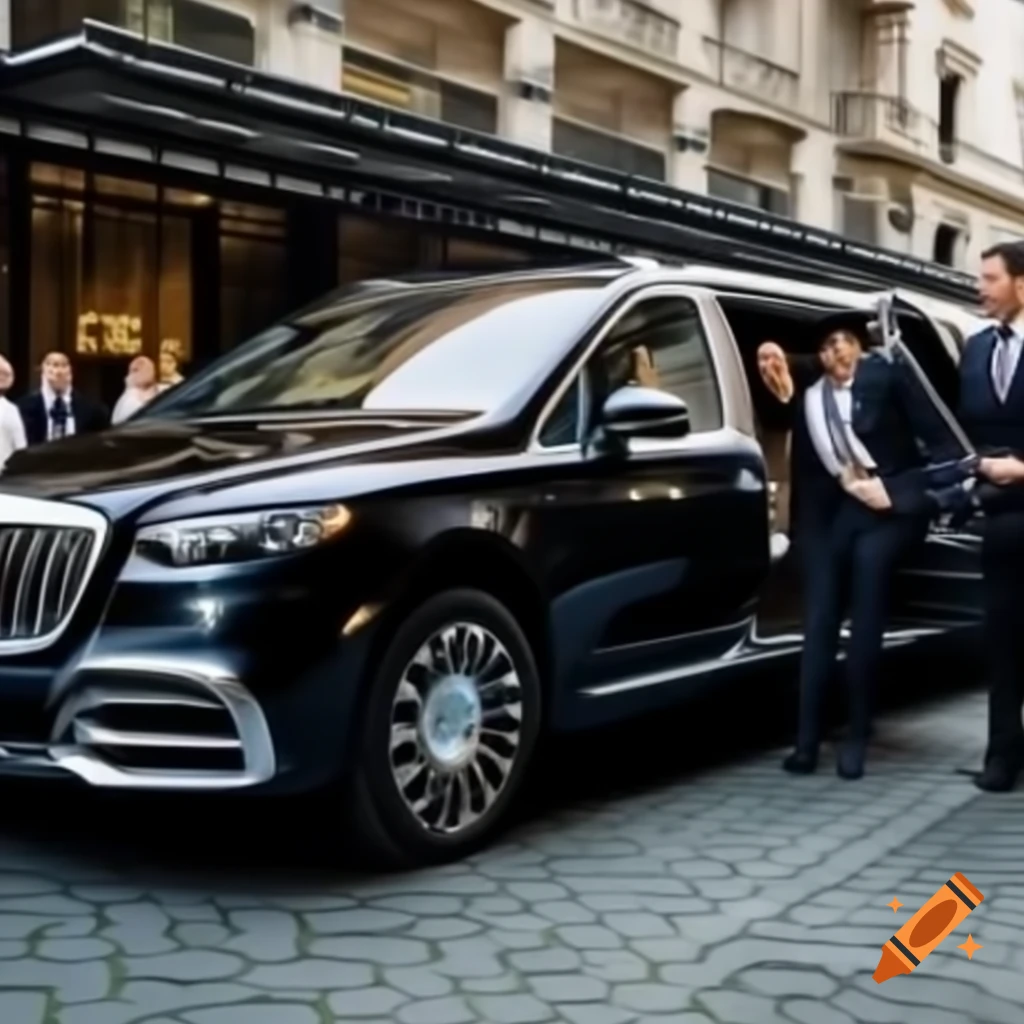 Black Maybach minivan outside luxury hotel with business people