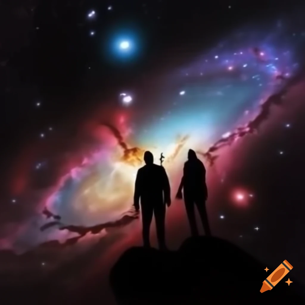 Silhouetted figures drifting through vibrant nebulae and galaxies in space
