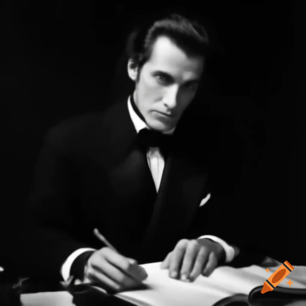 Elegant black-haired man in his 40s writing in diary in high detail