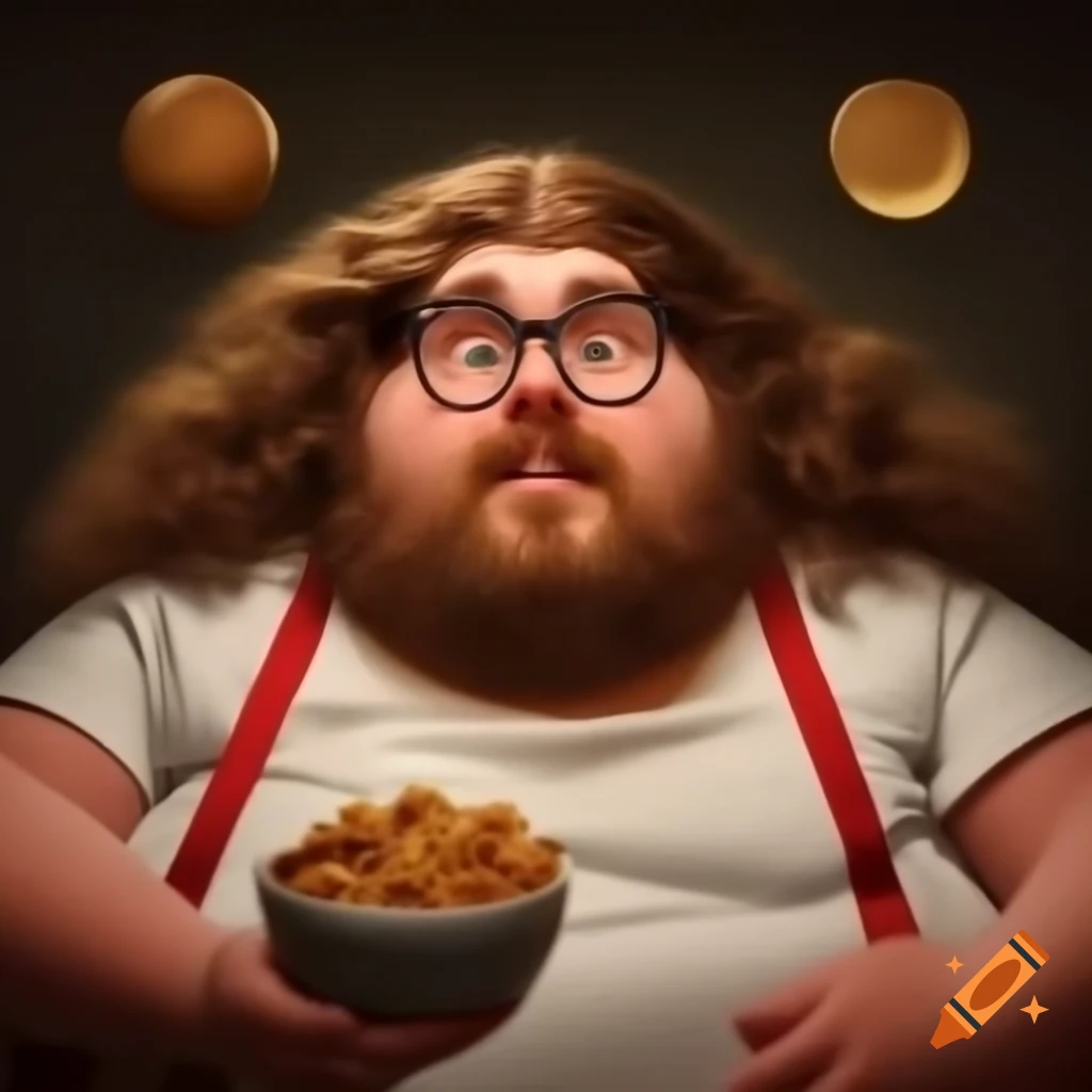Overweight man with glasses enjoying food, featuring curly hair and a bowl cut