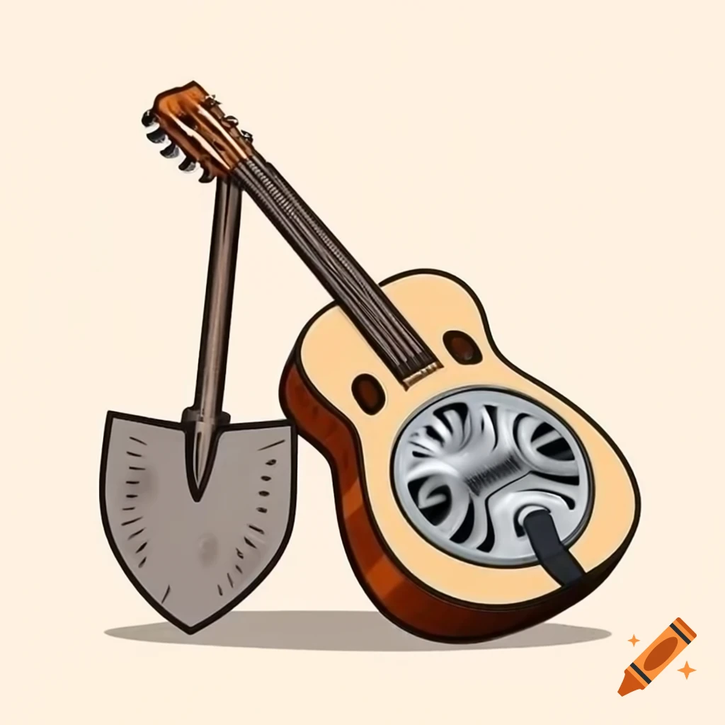 Resonator acoustic guitar leaning against an old shovel