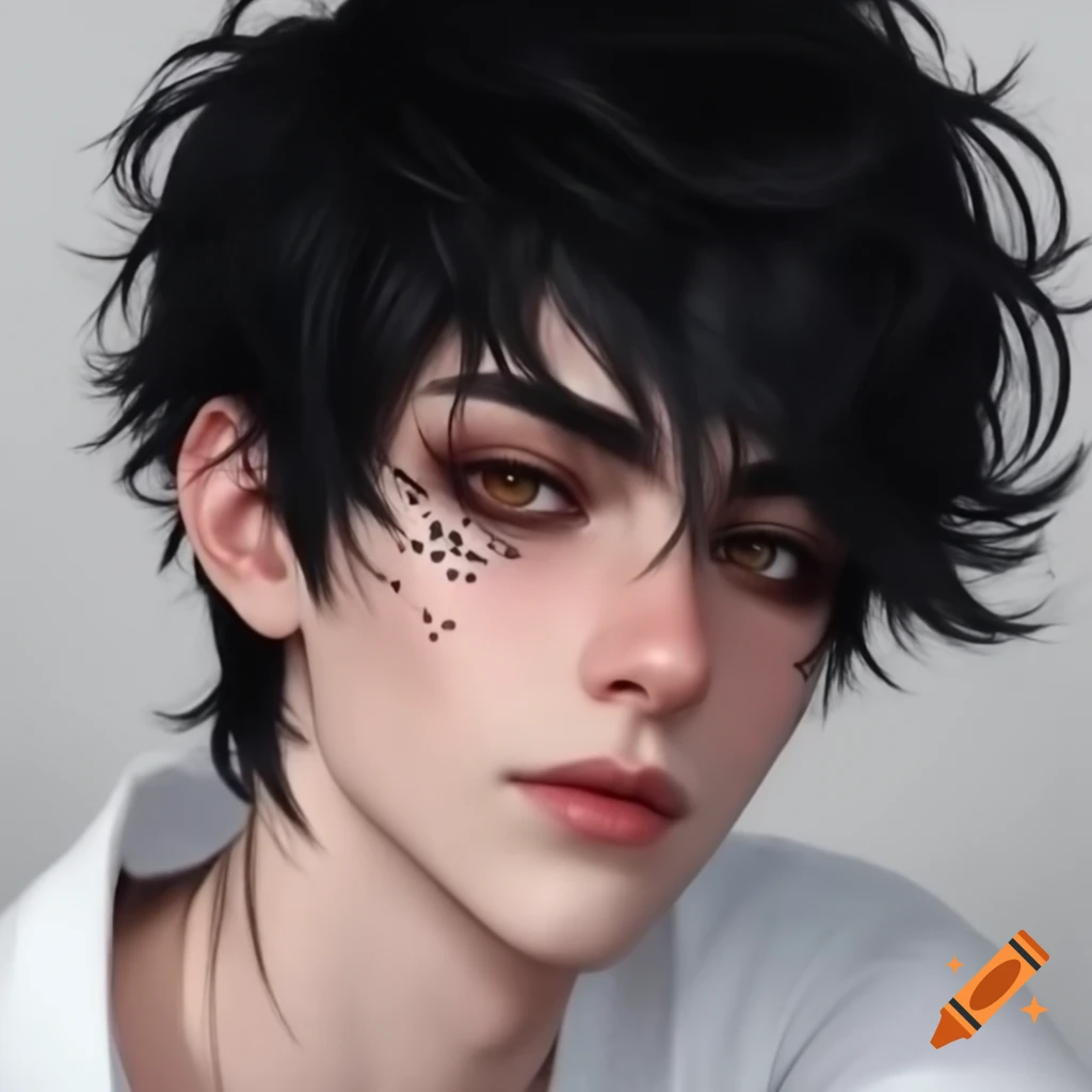 Young man with fluffy black hair and deep black eyes in a white shirt