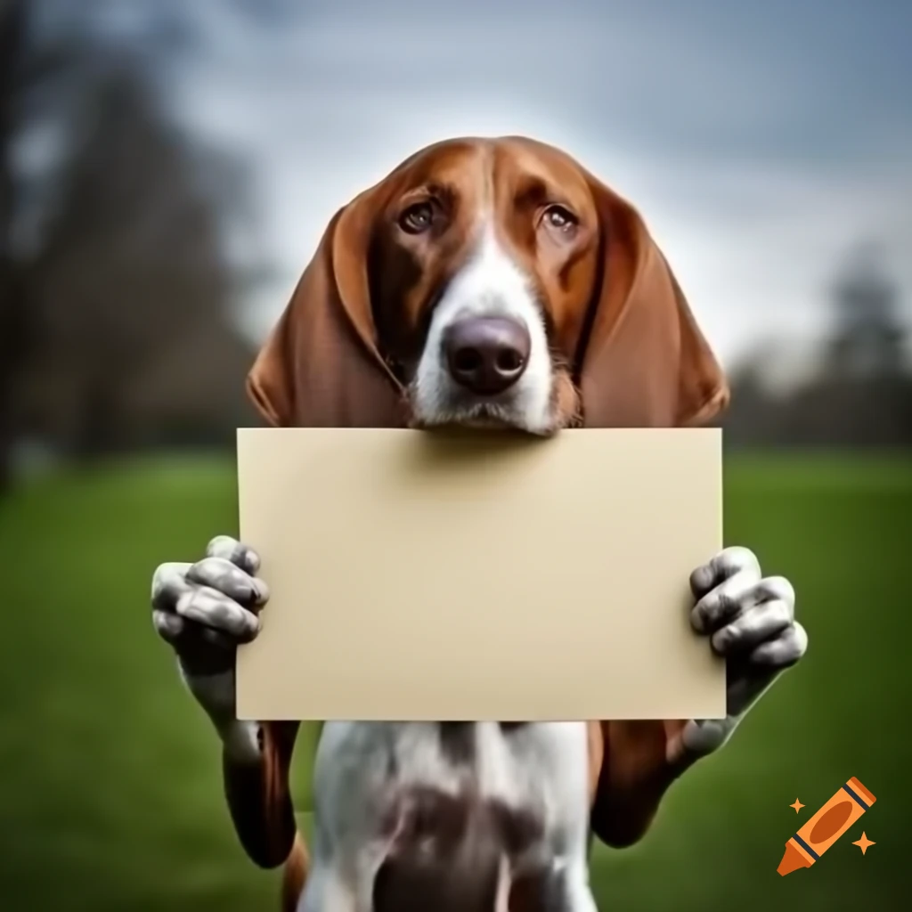 Redbone hound dog holding sign 'Don't eat me' with park background