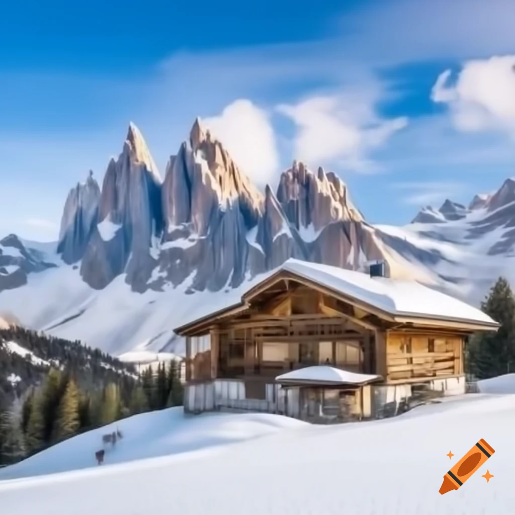Old-fashioned wooden alpine hut in Austrian Alps during winter