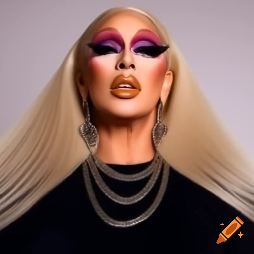 Stella Star from RuPaul's Drag Race in a black dress with chains and blonde hair