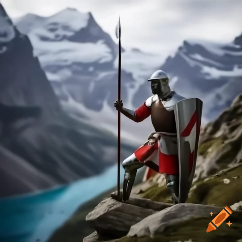 Swedish knight armor with hooked spear near mountain goats on alpine cliffs