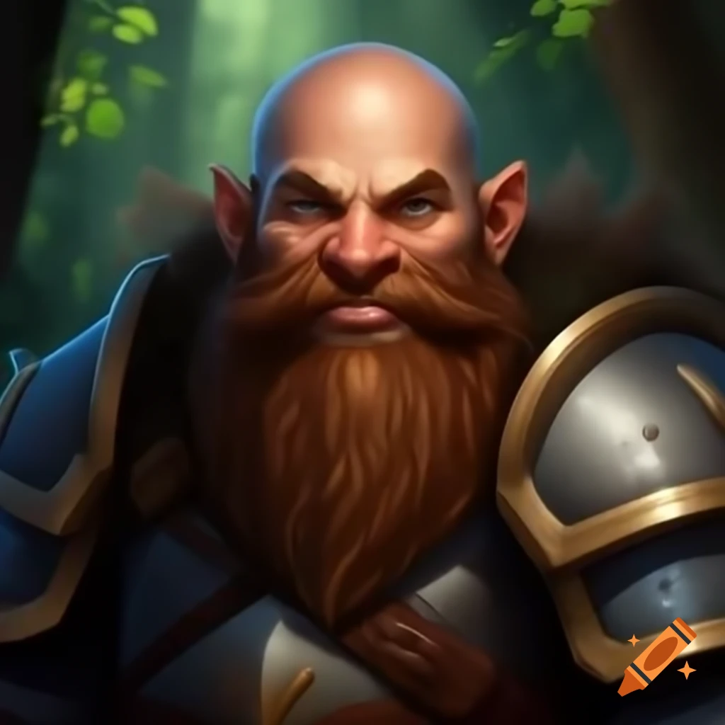 Bald dwarf paladin smiling in sun-dappled forest during patrol