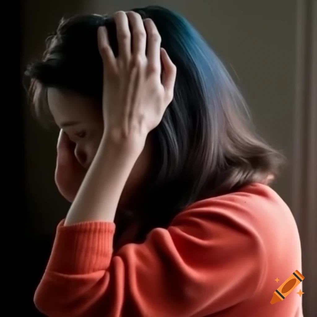 Concerned woman in bright colors touching her thin hair