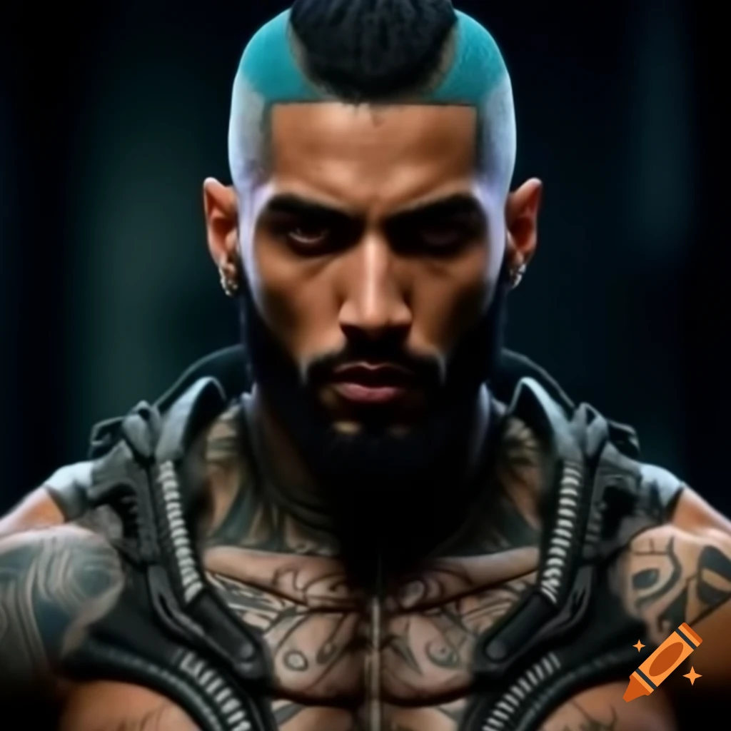Photorealistic depiction of futuristic Indian male rebel with tattoos