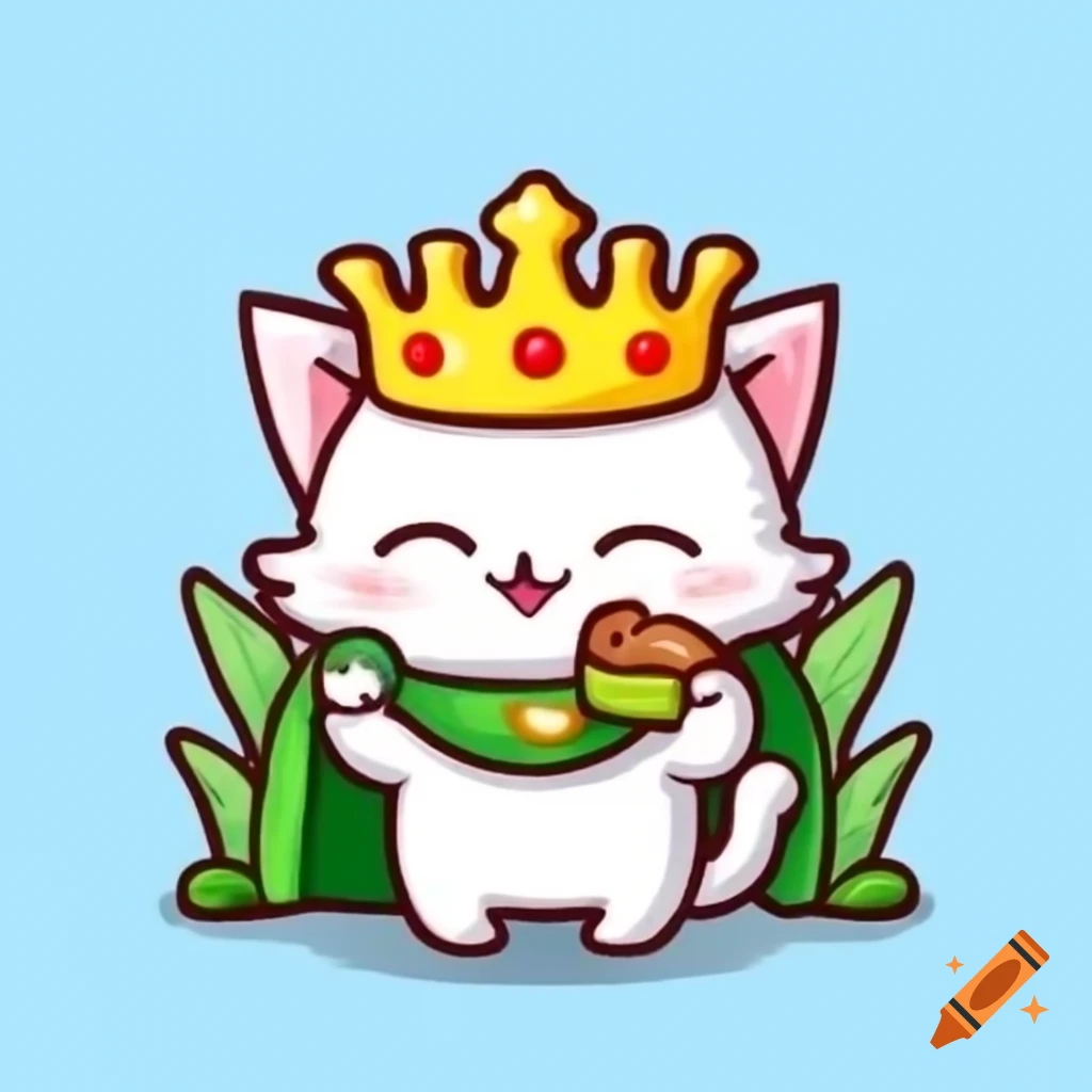 Chibi cat in king's crown and cape eating green seaweed