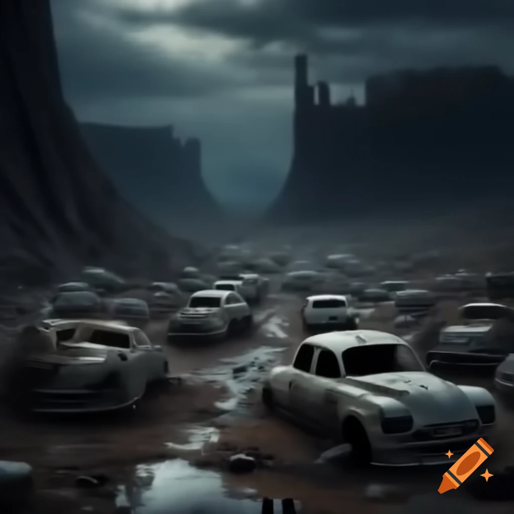 Ghosts in a haunted car junkyard at night with an eerie atmosphere