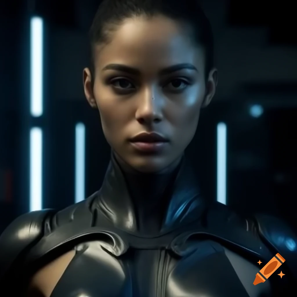 Photorealistic futuristic latino female rebel character