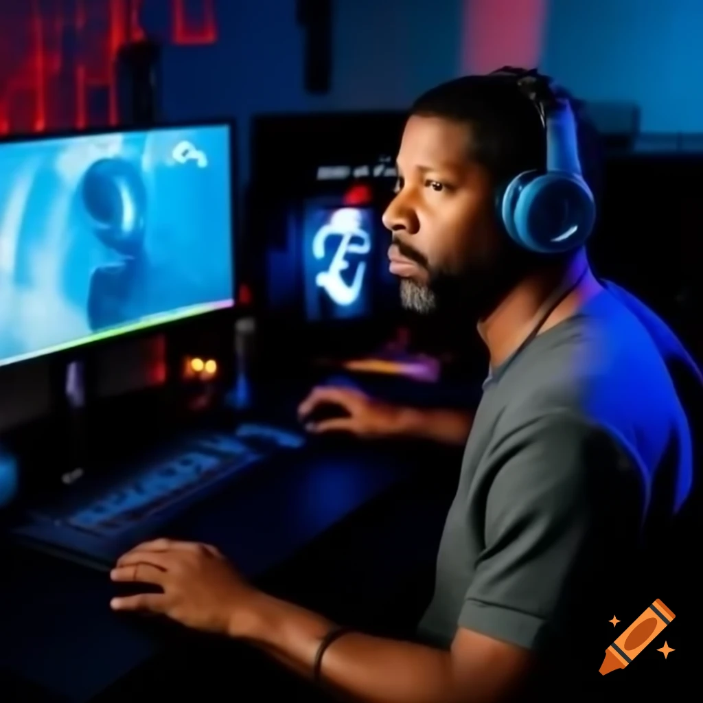 Denzel Washington in casual outfit with headphones viewing crashed computer in gaming room