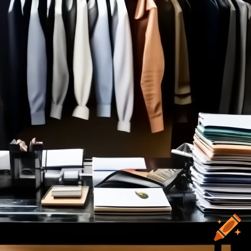 Professional office setting with neatly arranged desk and tailored suit