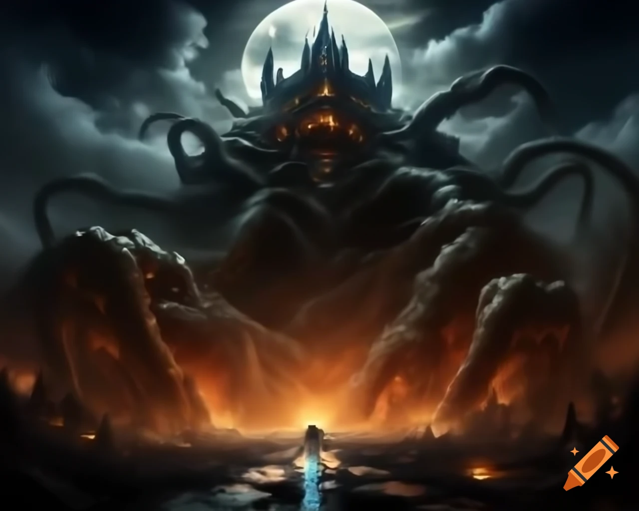 Otherworldly creature destroying castle on the moon