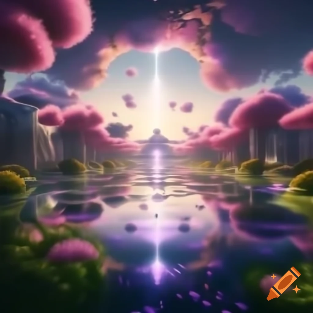 Vibrant sky with golden light, pink and lavender hues, and a warm breeze