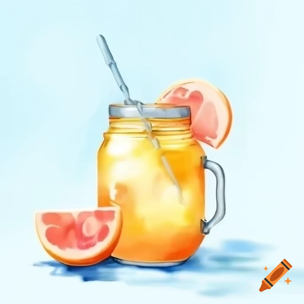 Watercolor painting of orange-yellow mason jar cocktail with grapefruit garnish and salt rim