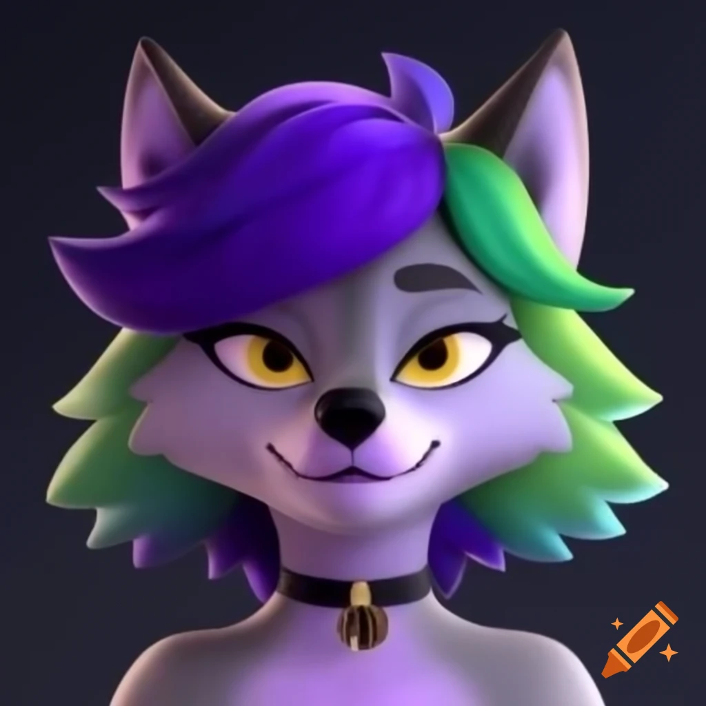 Friendly anthropomorphic wolf with purple and green hair