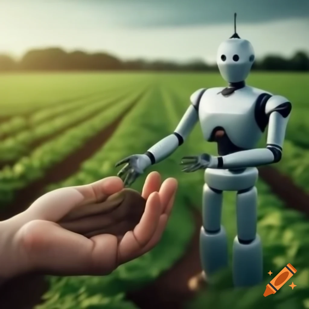 Robotic hand holding farm landscape