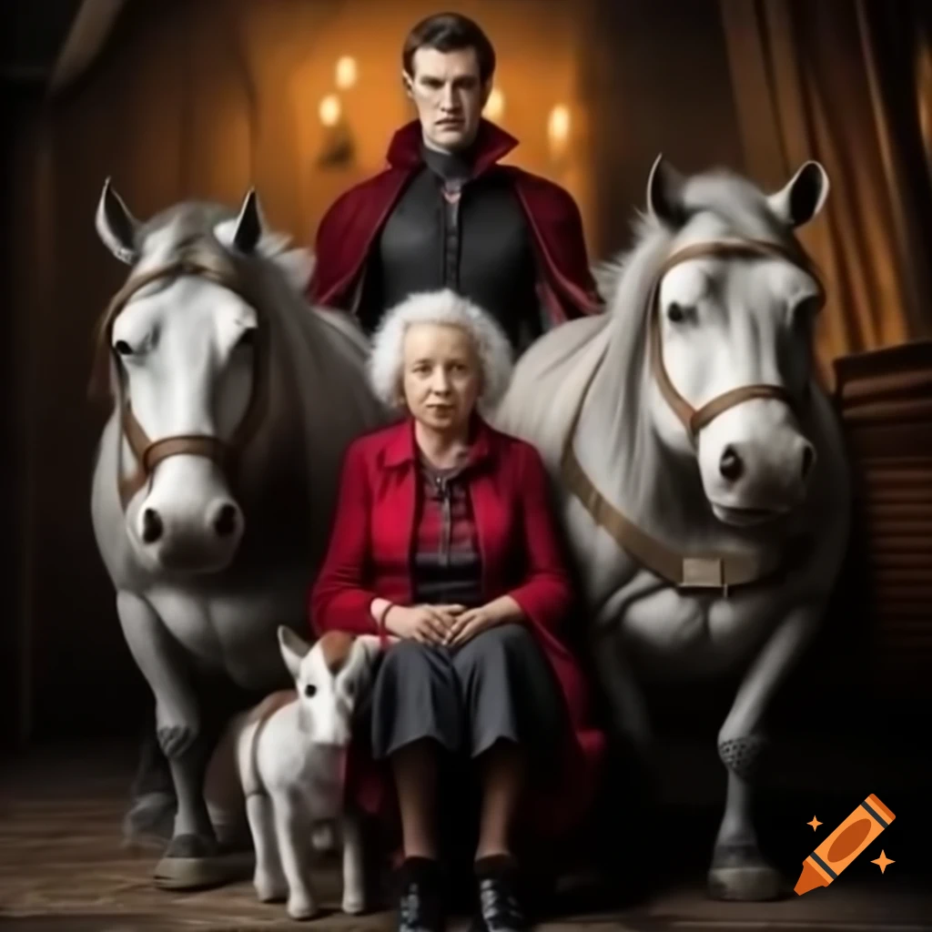 Elderly woman with young vampire husband and a pet hippogriff