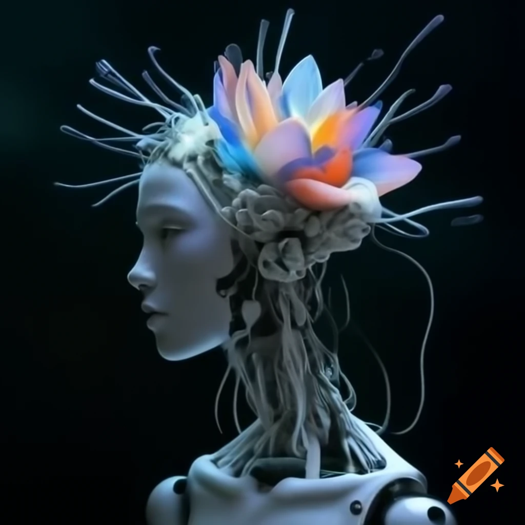 Futuristic robotic flower with cables in cold color palette