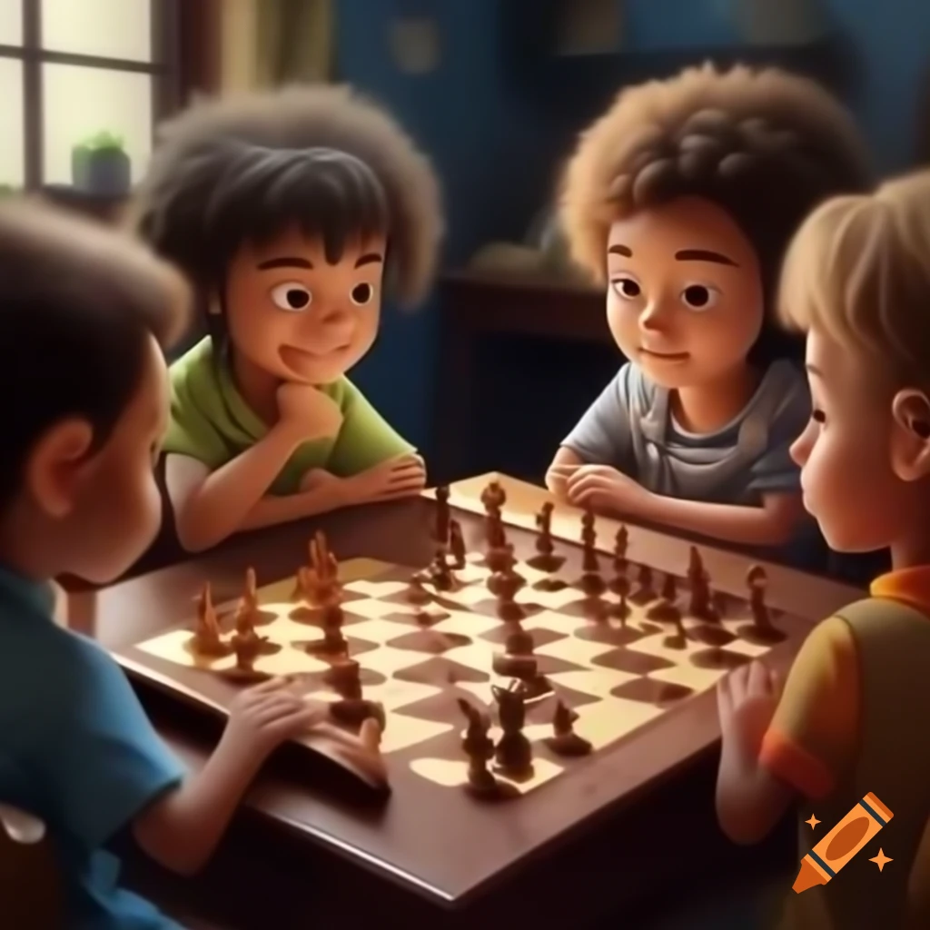 Realistic 3D scene of kids playing chess