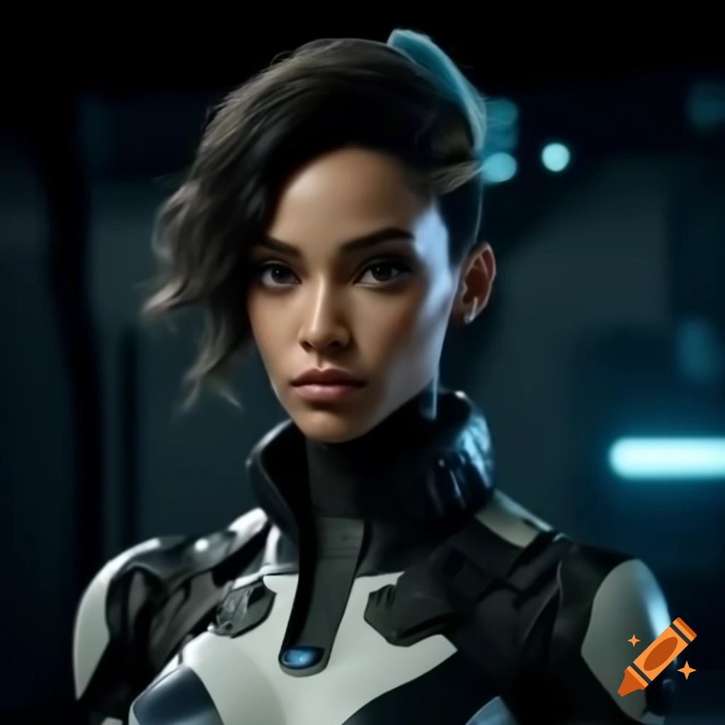 Photorealistic futuristic latino female rebel character