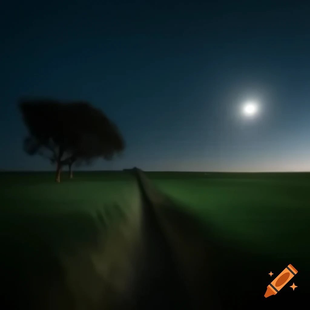 Dark moonless night in village with young farmer walking on narrow path