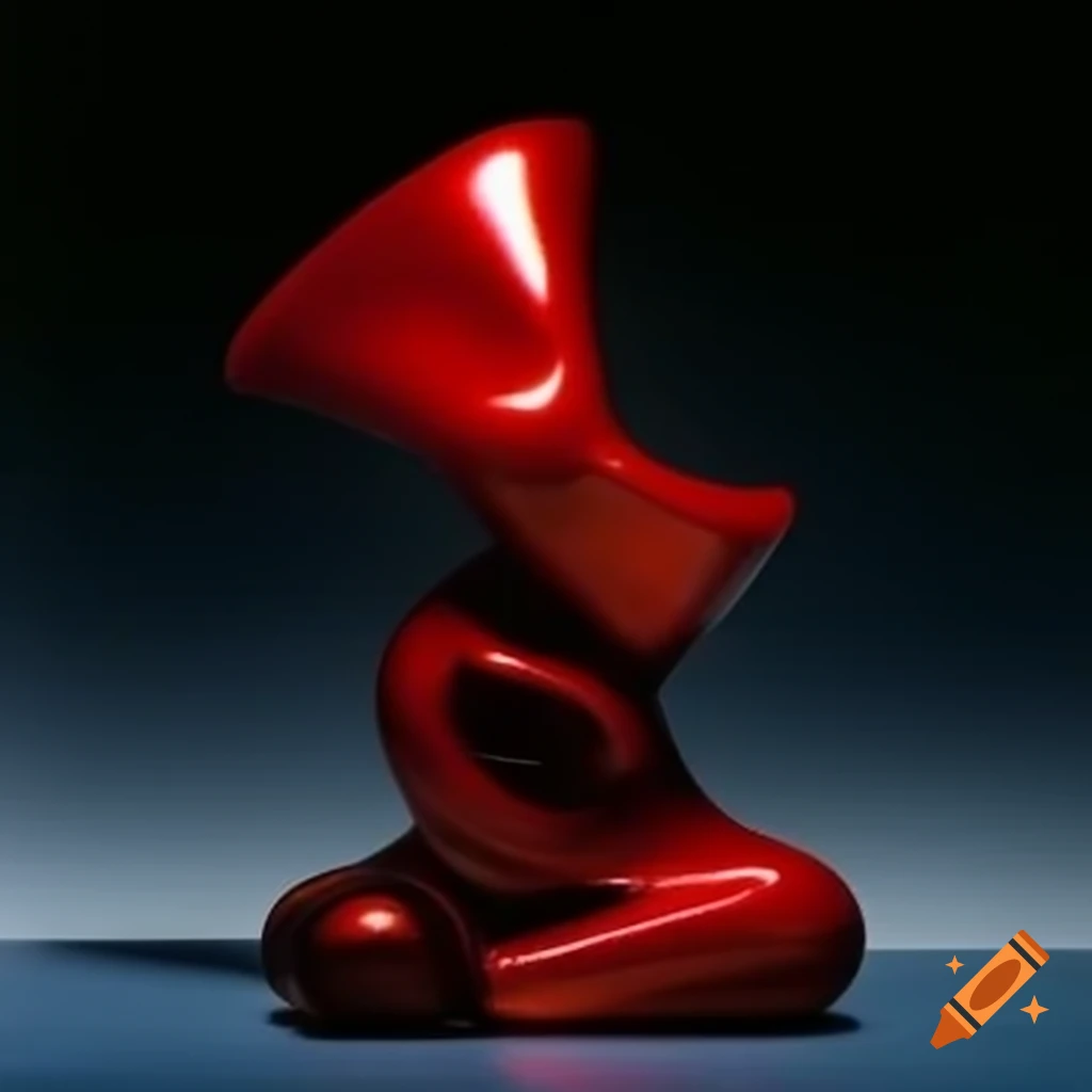 Iridescent red glass statue in pop surrealist photography style