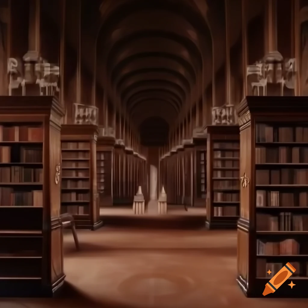 Impressionist painting of elegant bookshelves in a grand library
