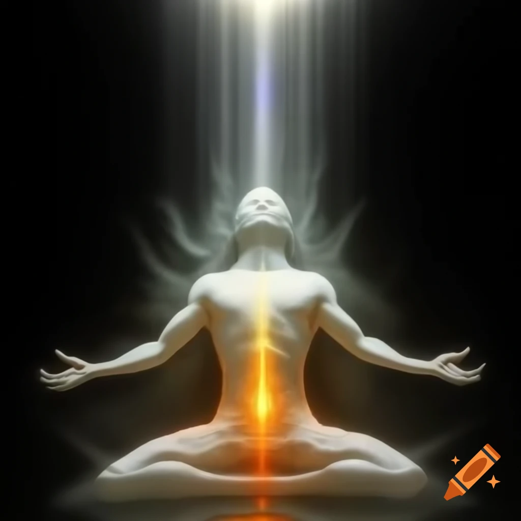 Glowing figure of light in meditative position emerging from darkness