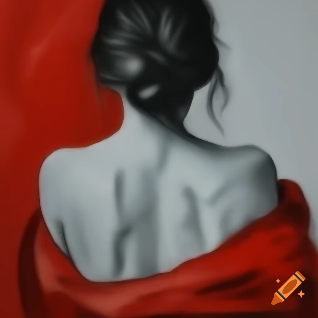Monochromatic abstract portrait of woman's back with eyes peeking out, charcoal and pastel