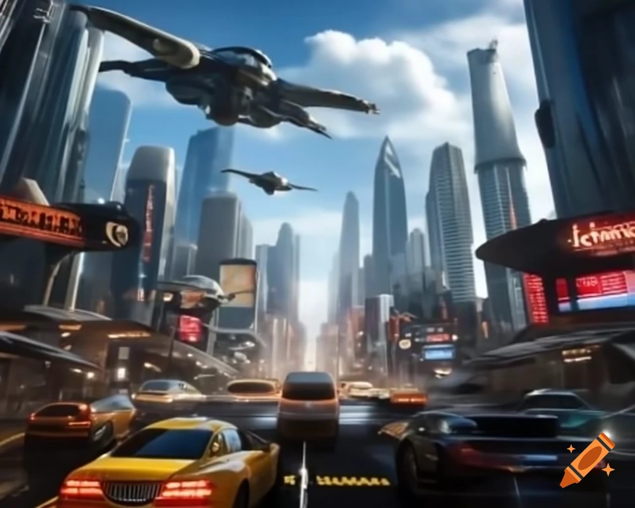 Futuristic metropolis with flying cars and neon skyscrapers