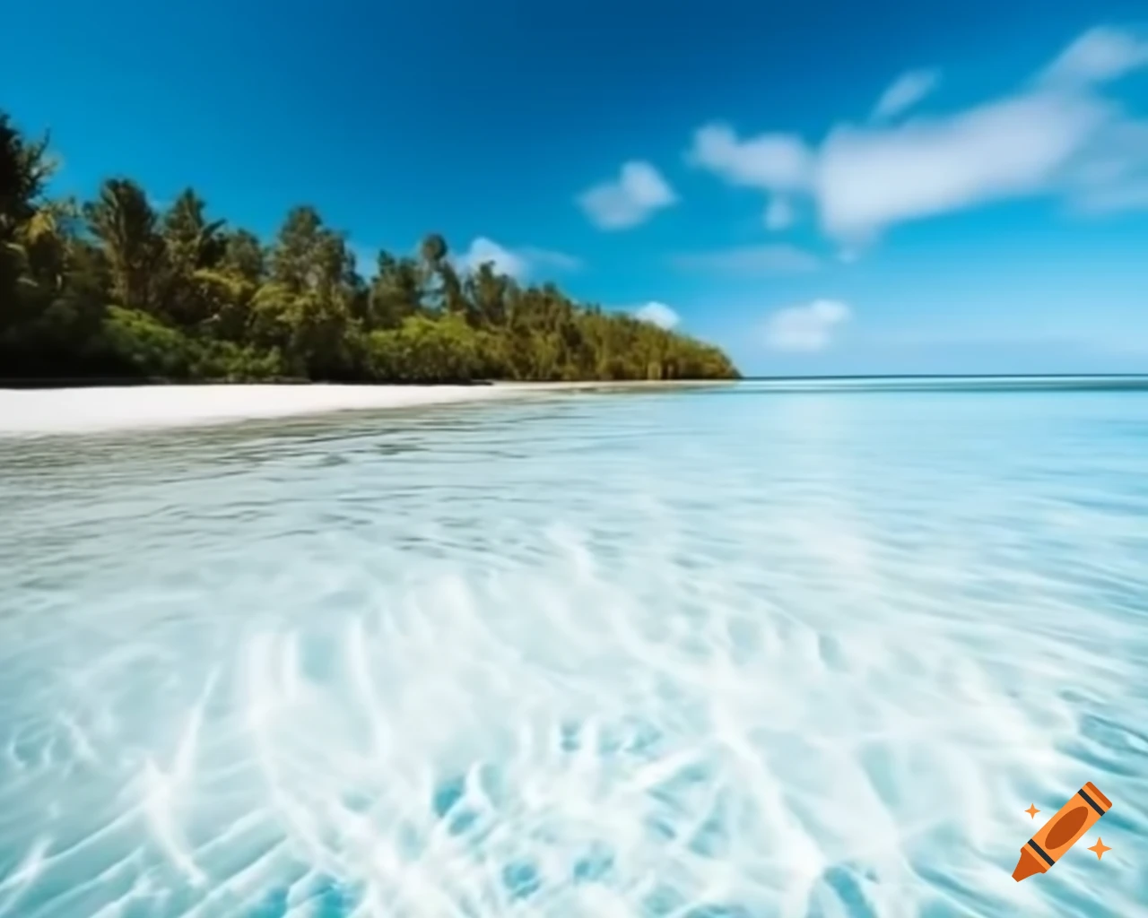 Tropical paradise with azure waters, white sands, and swaying palm trees