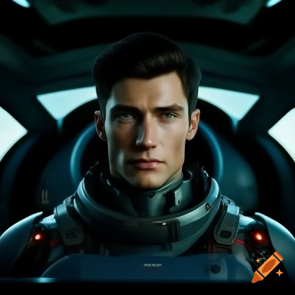Photorealistic futuristic male pilot in cockpit